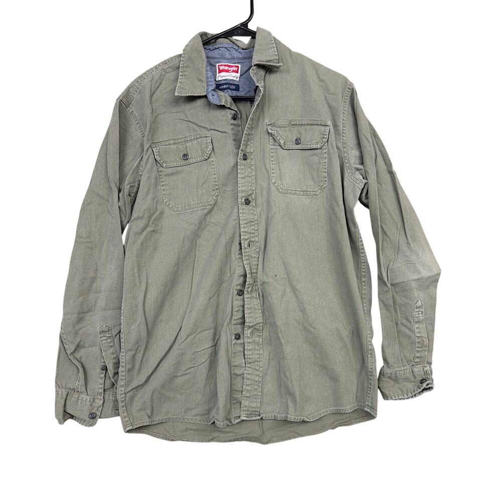 Wrangler Mens Shirt Green Denim Style Button Down Comfort Flex Medium